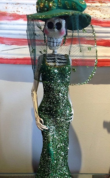 Mexican Catrina Green Glitter Doll